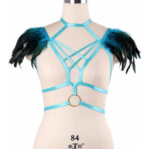 Fetish Wear Feather Harness Bra Angel Wings Feathers Shoulder Epaulette Bondage Harness Gothic Gypsy Bodysuit Lingerie DO0579