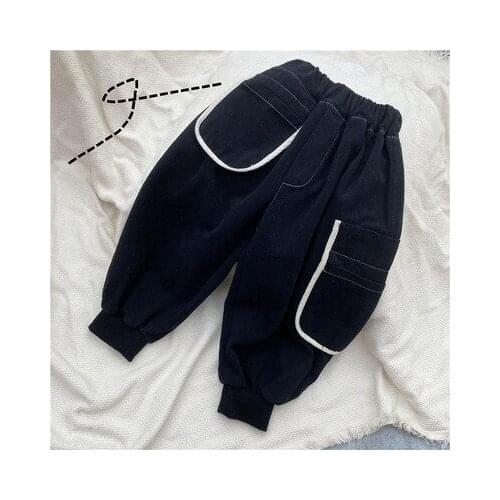 2021 Korean Childrens Casual Pants Autumn Toddler Trousers Kids Casual Sport Pants Boys Black Big Pockets Radish Pants 2-7 Year