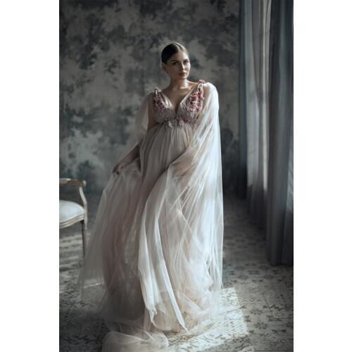 2021 Customised A Line Maternity Dresses Tulle Floral Appliqued Boudoir Dress Wedding Sleepwear Bathrobes Nightgowns Gown