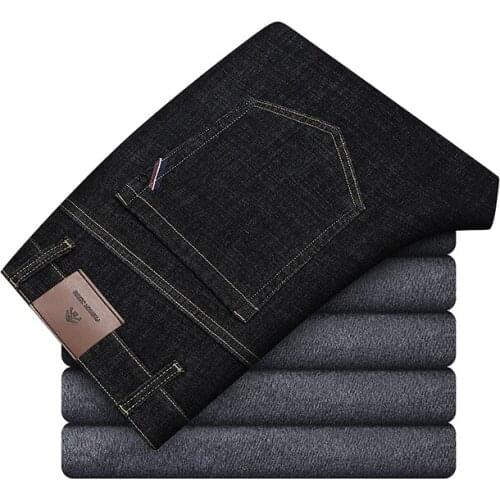 2021 Winter Mens Plus Velvet Thick Jeans Business Casual Loose Straight Stretch Denim Trousers Classic Fleece Pants Male Brand