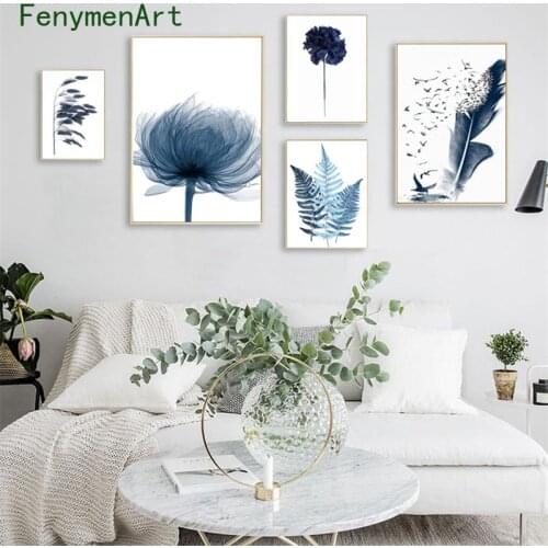 Abstract Blue Plant Canvas Painting Nordic Watercolor Leaves Poster Print Modern Minimalist Wall Picture Living Room Home Decor