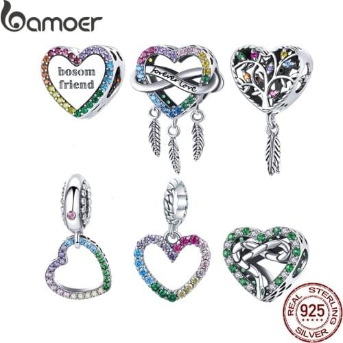 Bamoer Rainbow Crystal 925 Sterling Silver Snake Infinite Love Heart Dream Catcher Charm for Original Bracelet Women DIY Jewelry