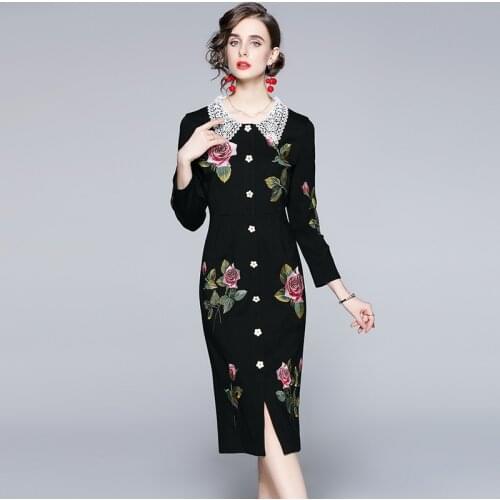 Banulin 2021 Autumn Designer Long Sleeve Rose Embroidery Dress Womens Lace Splicing Peter Pan Collar Buttons Split Party Dress