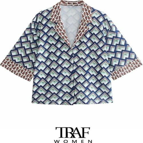 TRAF Za Women Fashion Geometric Print Loose Blouses Vintage Short Sleeve Button-up Female Shirts Chic Tops