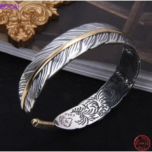 BOCAI S925 Sterling Silver Charm Bracelets 2021 New Fashion Popular Feather Pure Argentum Opening Bangle for Men Women Lovers