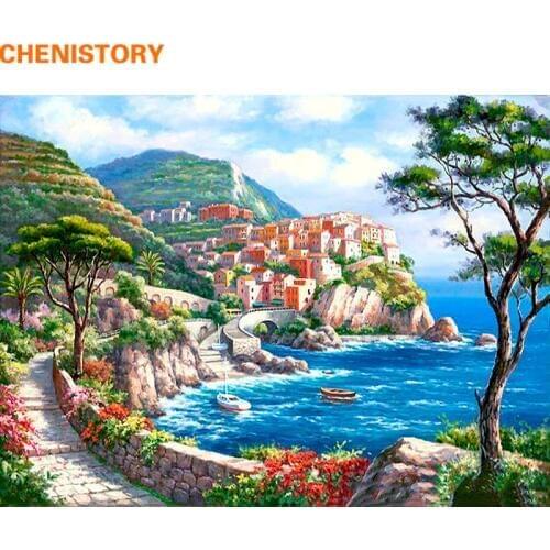 CHENISTORY The Mediterranean Sea Seascape DIY Painting By Numbers Modern Home Wall Art Picture For Unique Gift Artwork 40x50cm