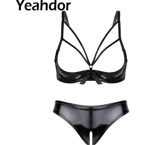 Women Wet Look Patent Leather Sexy Lingerie Set Underwear Strappy Open Cup Bowknot Underwired Bra Tops with Crotchless Briefs