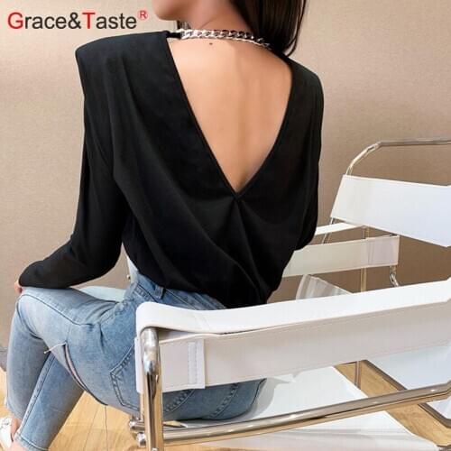 G&T Office Lady Temperamental Tees O-Neck Sexy Tops Personality Trend Chain Back Shoulder Pads T-Shirt Women Solid Long Slevee