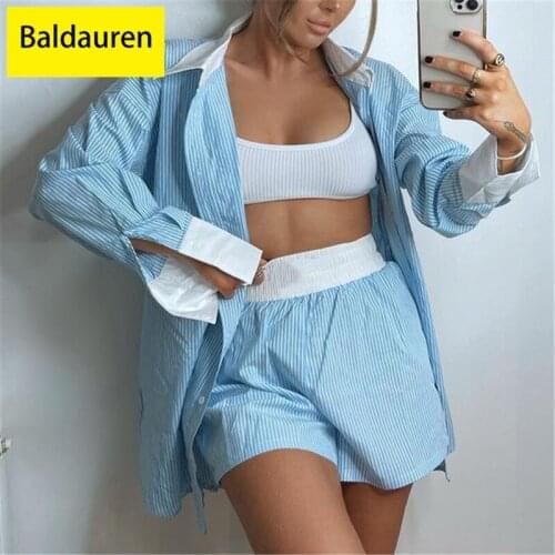 Two Piece Set 2021 Loung Wear Tracksuit Women Shorts Set Stripe Long Sleeve Shirt Tops And Loose High Waisted Mini Shorts