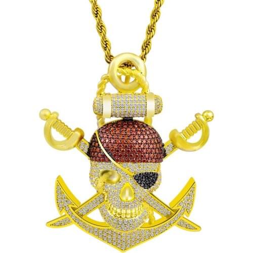 Hip-Hop Pirate Skull Pendant Pave AAA Zircon Anchor Necklace With Stainless Steel Chain Rapper Jewelry Gift
