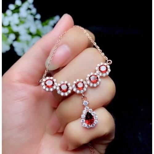 Fashion red garnet gemstone collarbone necklace for women jewelry water drop natural gem real 925 silver girl party gift