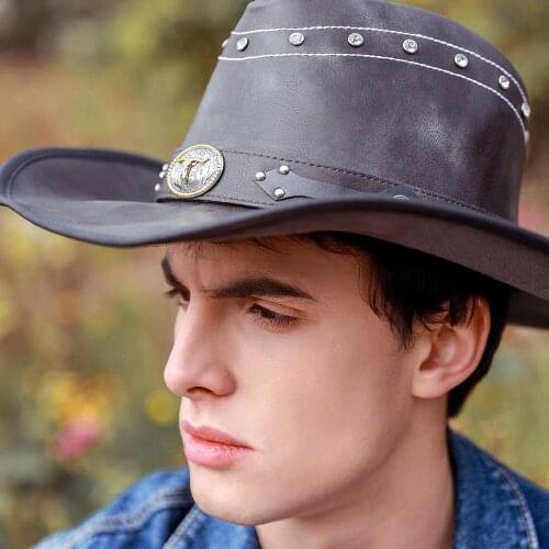 Leather Men Cowboy Hat Western Hat For Gentleman Cow Sombrero Hombre Caps Dad Godfather Hats Size 58CM