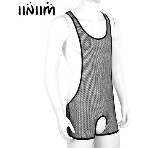 Mens Male Wetlook Lingerie Bodycon Sheer Fishnet Hollow Out Crotchless Bodysuit Costumes Open Crotch Sissy Gay Sexy Clubwear