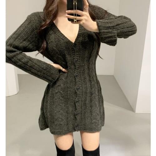 Bodycon Sexy Deep V Neck Long Sleeves Robe Casual Preppy Style Elegant A Line Dress Solid Color Mini Knitting Vestidos Women New