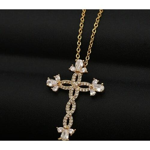New Vintage Gold Christian Cross Bohemia Religious Rosary Zirconia Pendant Necklace For Women Charm Jewelry