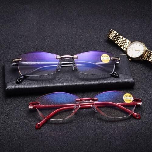 Alloy Frameless Anti-blue Light Reading Glasses Men Diamond-cut Presbyopic Glasses Women Finished Glasses PC TR90 Gafas +150