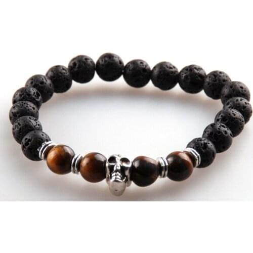 Wholesale 8m Lava &Tiger Eye and White Semi Precious Stone Beads Skull Beads Bracelets for bracelet bangle