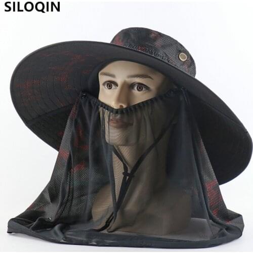 SILOQIN New Summer Mens Panama Bucket Hat Mesh Breathable Camouflage Cap Womens Oversized Brim Shawl Anti-mosquito Beach Hats