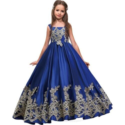 Princess Royal Blue Floor Length Flower Girl Dresses Gold Applique Girls Pageant Dress First Communion Dresses Party Gown