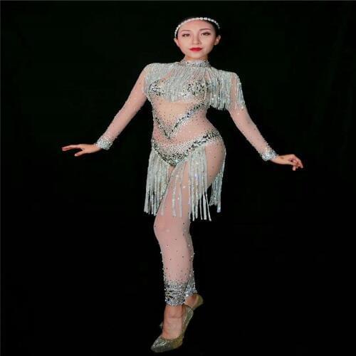 R49 Silver Rhinestone bodysuit tassel sexy perspective jumpsuit stage ballroom dance costumes party models wears dress bikini dj