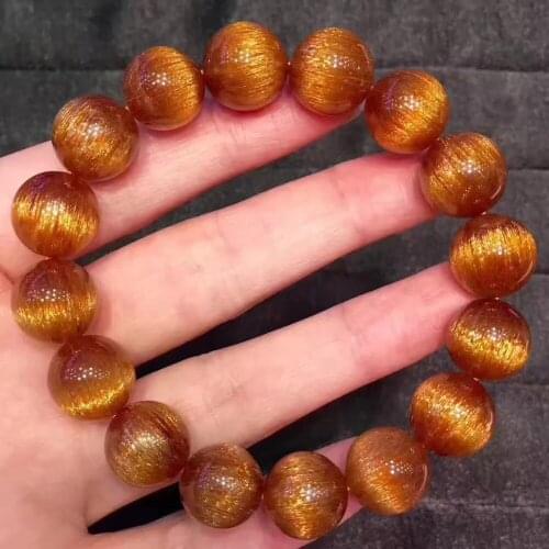 Certificate Natural Copper Rutilated Quartz Crystal 13.5mm Cat Eye Effect Gemstone Round Beads Bracelet AAAAAAA