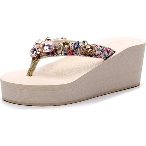 Korean Version Of High-Heeled Rhinestone Slippers Women Summer Fashion Elegant Sandals Casual Slope With Beach Flip Flops