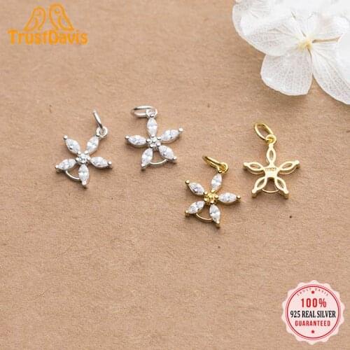 TrustDavis 2021 Fashion Real 925 Sterling Silver Sweet Flower Dazzling CZ Charm Pendant Handmade DIY Accessories Wholesale DZ60
