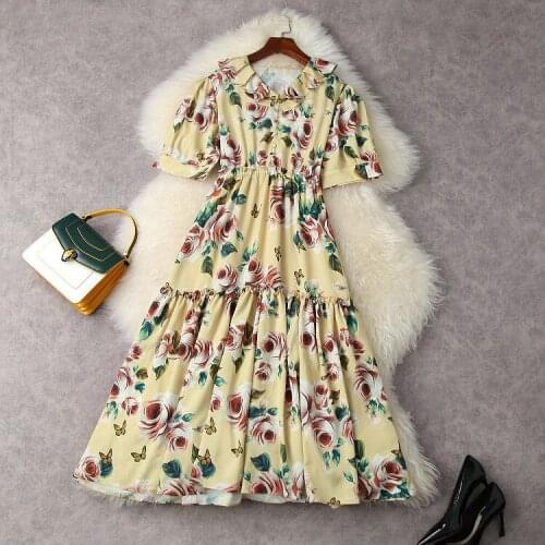 Europe and the United States womens clothing New Summer 2021 Short-sleeved ruffled collar in rose print Fashion pleated dress