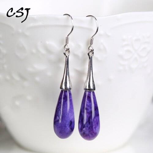 CSJ Water Drop Natural Charoite Earrings 925 Sterling Silver Fine Jewelry For Women Wedding Engagment Party For Gift