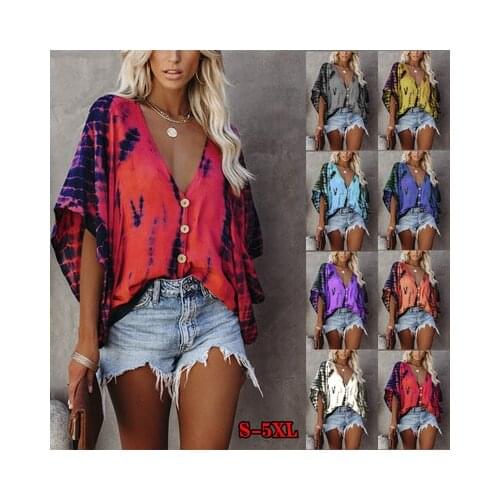 Womens Pullover Button V-neck Bat Sleeve tie-dye Print Top Casual Loose Pleated T Shirts Ladies Plus Size Street Style T-shirt