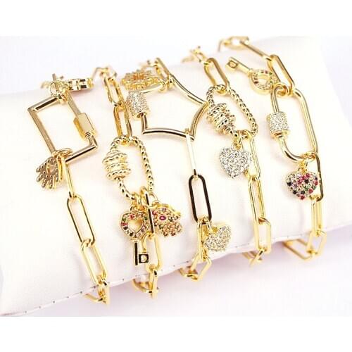 5Pcs Handmade Fashion Jewelry Carabiner Bracelet, CZ Micro Pave Screw Clasp Bracelet CZ Micro Pave Chain Link Bracelets