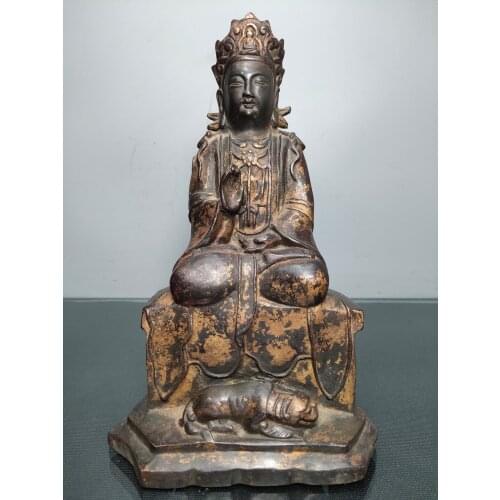 9"Chinese temple collection Old Bronze Lacquer Cinnabar Fu Beast Tara Guanyin Bodhisattva statue Enshrine the Buddha