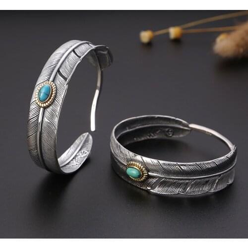 925 Sterling Silver colour Feather Shape Open Cuff Bangle&Bracelet Thai silver colour feather Bangle Puck Classic Blue Green