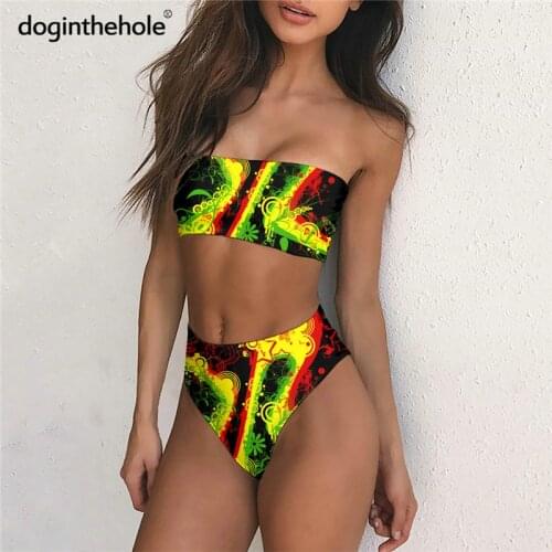 Doginthehole Women Fashion Reggae Weed Design Swimsuit 2021 New Summer Bathing Suit Teen Girls Sexy Bikini Set 2pcs Beachwear