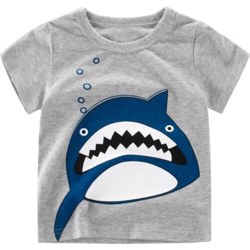 Cartoon Shark Print T Shirt Boys 2018 Summer Childrens Cotton T-shirt Boy Short Sleeve Tees Shirt Gray Tops Baby Clothes 2-7Y