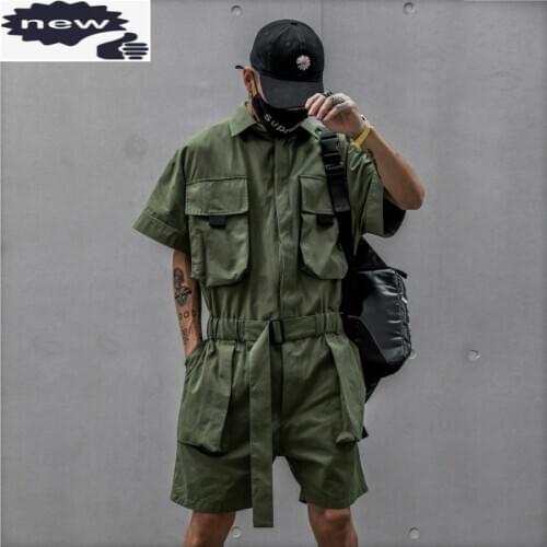 Summer Casual Pockets Cargo Shorts Men One Piece Jumpsuit Belted Loose Fit Short Overalls Trousers Hip Hop Rompers Streetwear