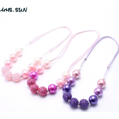 MHS.SUN 2PCS Fashion Pearl Beads Kid Chunky Necklace Adjusted Rope Baby Bubblegum Bead Chunky Necklace Jewelry For Girl Children