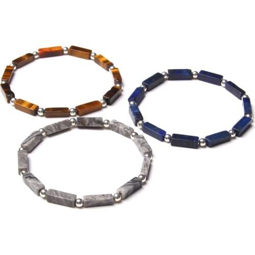 Fashion Cuboid Natural Stone Bracelet Bloodstone Tiger Eye Lapis Lazuli Silver Color Round Beads Charm Bracelets For Women Men