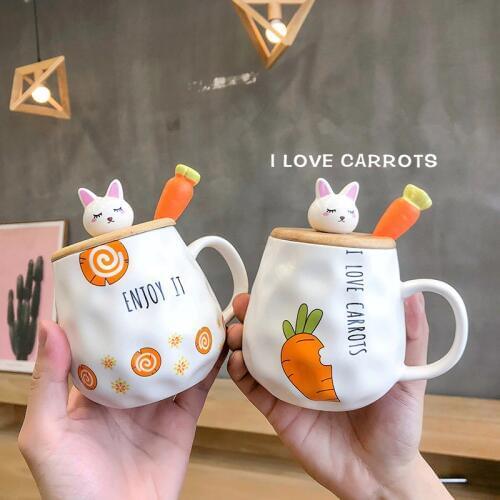Cartoon Lovely rabbit Ceramics Mugs Wooden Lid Animal Water Cup Coffee Milk Mug With Handle Office Drinkware