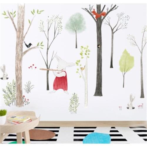Cartoon Bunny Fox Sticker For Room Wall Forest Wallpaper For Kids Bedroom Cute Home Decor Kindergarten Wall Mural