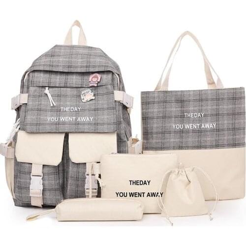 5-piece Set Fashion Womens Backpack Plaid Style School Bag For Girls Oxford Cloth Large Capacity Backpack With Many Pockets