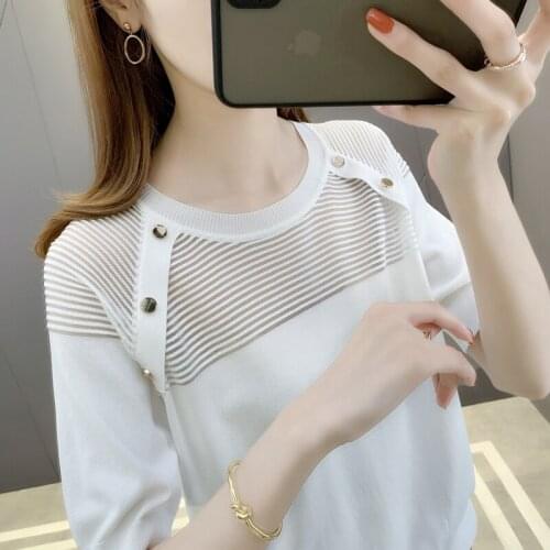 Room 200324, Row 6, No.4, top] real shot round neck stripe lace round neck ice silk medium sleeve T-shirt 55