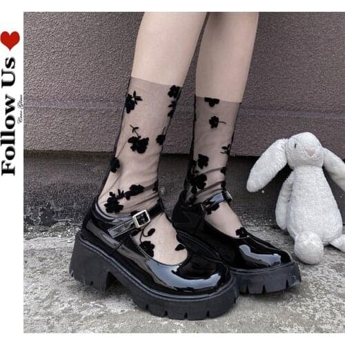 Japanese Embroidery Knee-length Socks Female Gothic Dark Rose Flower Glass Silk Stockings Summer Transparent Lace Socks Woman