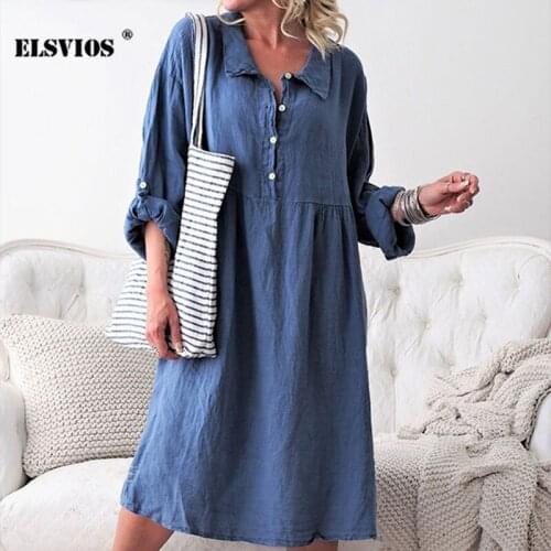 New Fall Summer Fashion Women Turn-down Collar Long Sleeve Dress Solid Button Mid-length Dress Casual Elegant Office Party Dress