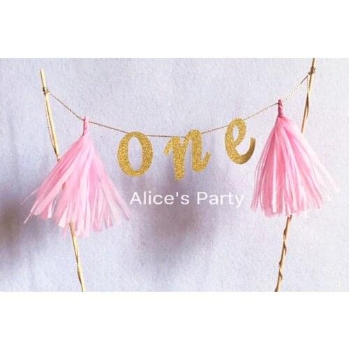 New arrival handmade Giltter Gold one Cake topper Bunting Pink tassels kids 1st Birthday Cake Baby shower Party Decoration