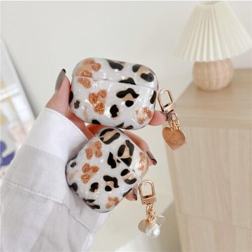 Luxury Shell Leopard Love Heart Keychain Wireless Bluetooth Earphone silicone Case for Apple Airpods 1 2 AirPods Pro Gift cover