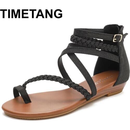 TIMETANG Summer Low Heel Shoes Women Fashion Sandals Ladies Soft Leather Cross Strap Design Female Sandals Large Plus Size 36-42