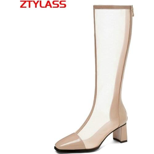 33-46 Big Size Women Summer Boots Patent Leather Square Heel Knee High Boots Lady Summer Breathable Mesh Boots Pointed Toe Shoes