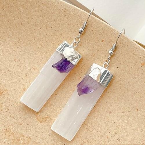 New Gypsum Drop Dangle Earrings Women Stainless Steel Hook Tourmaline Amethyst Natural Stone Statement Earring Wedding Jewelry