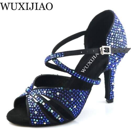 WUXIJIAO new womens silver flashing cloth dance shoes rhinestones salsa shoes ballroom dancing shoes wide with 10CM